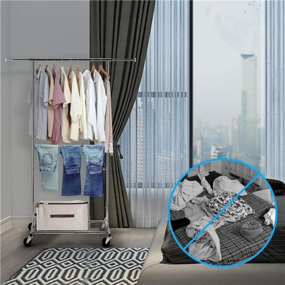 Standard Clothing Garment Rack with Wheels & Bottom Shelves, Extendable, Chrome - Picture 6 of 6